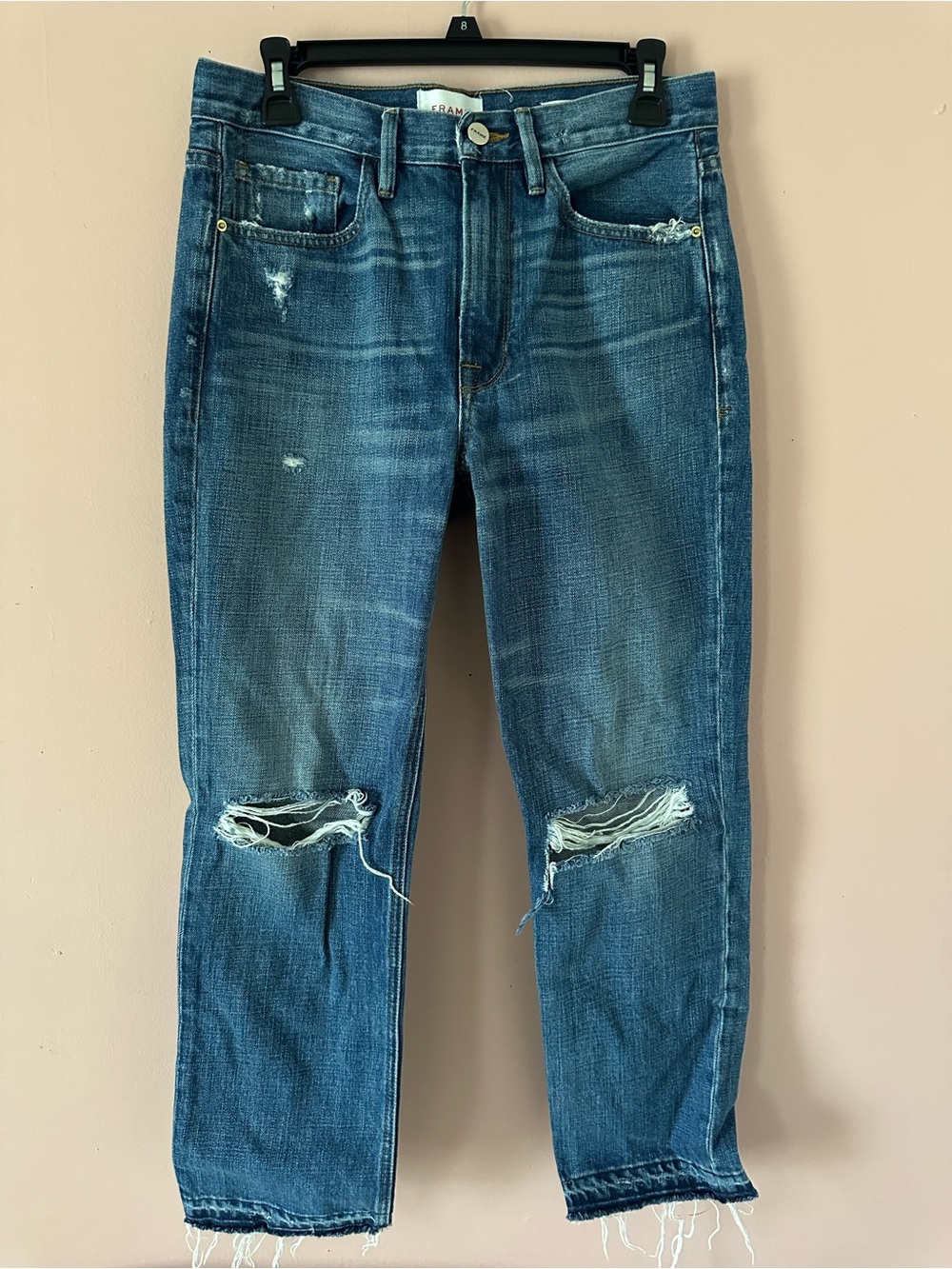 Frame Heritage Le Piper Ripped Knee Raw Hem High Waisted Jeans